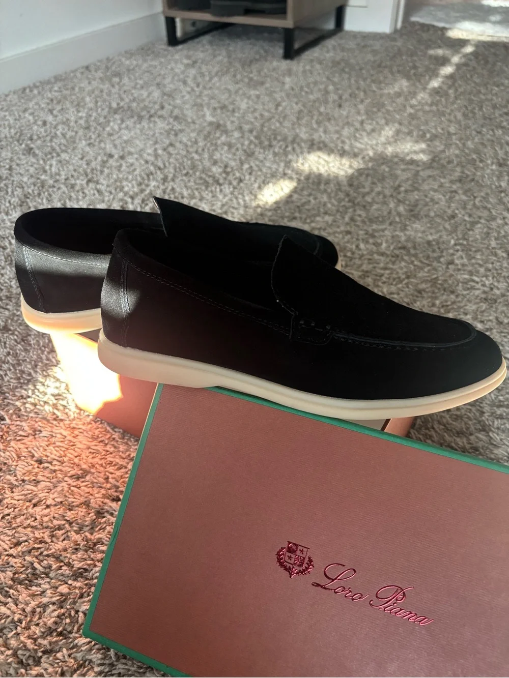 Loro Piana Black Suede Slip-On Loafers with Cream Soles
